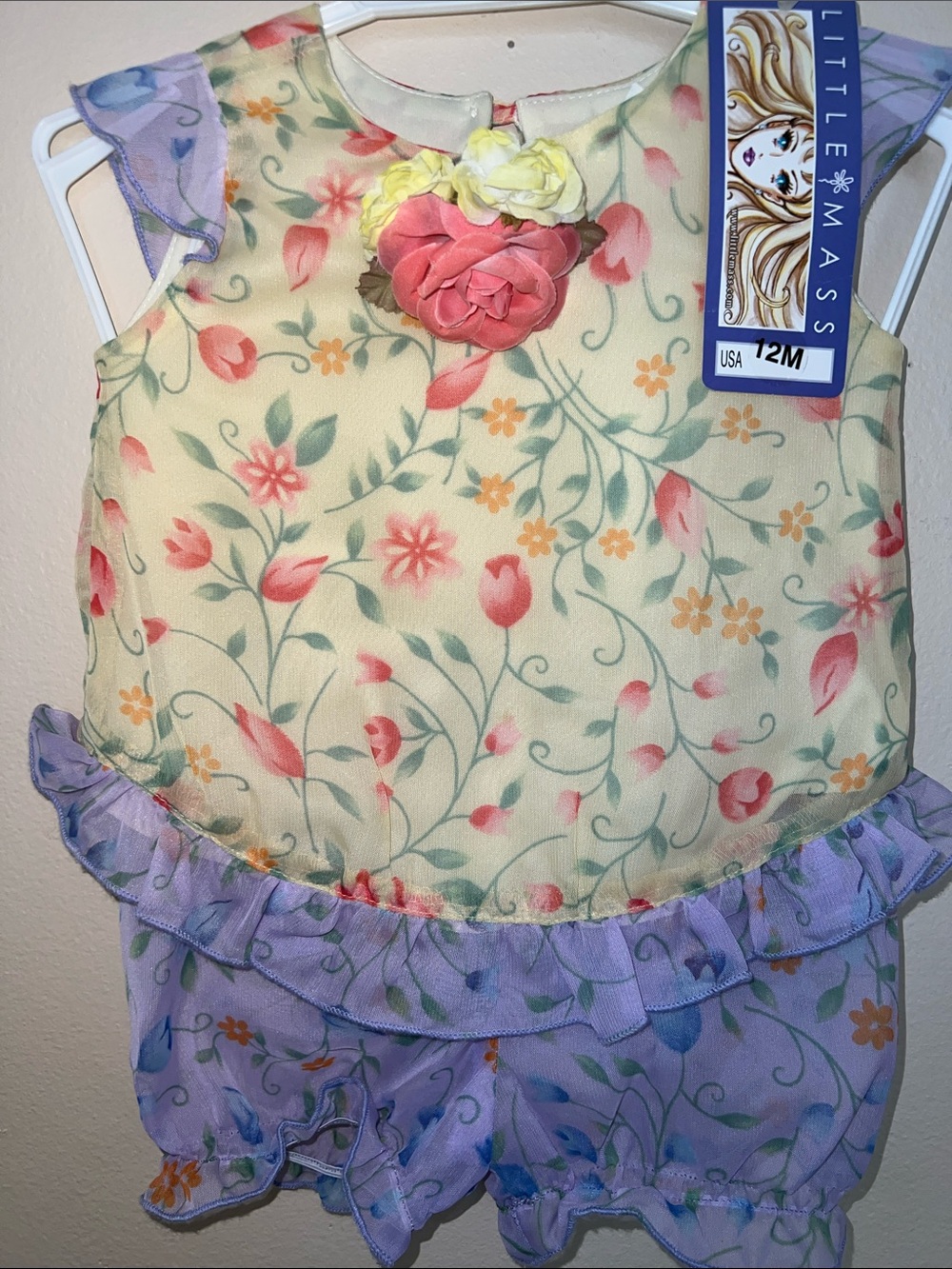 NWT Vintage Little Mass Sheer Pastel Floral  Set in Yellow & Lavender 12M